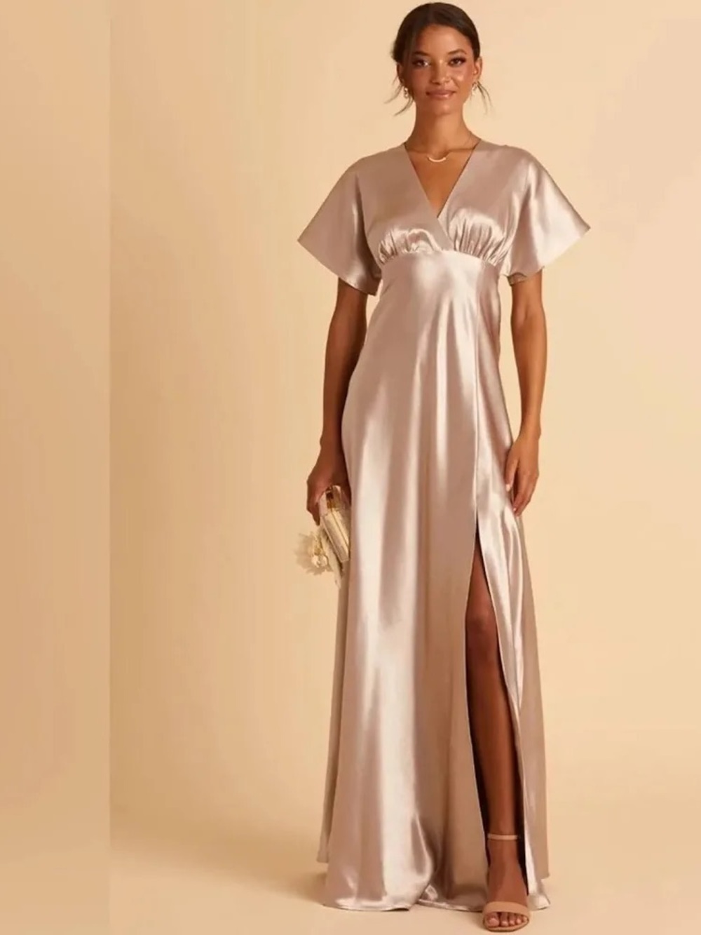 NWT Birdy Grey Jesse Kimono Satin Bridesmaid Formal Maxi Dress Taupe Size Medium